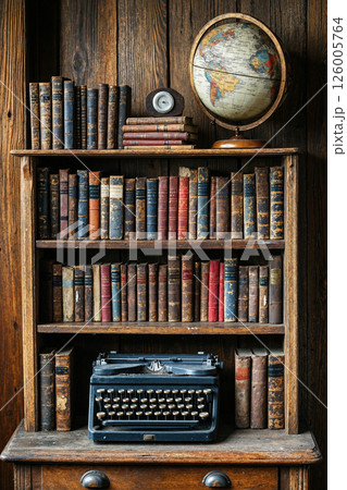 Vintage bookshelf with antique typewriter and globe for a classic literary workspace design 126005764