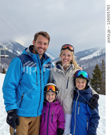Winter family adventure in snowy mountains - joyful ski vacation with parents and children 126005765