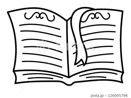Vector black and white opened spell book with bookmark, front view. Back to school or fairytale educational line clipart. Copybook or spellbook. Fairy, witch coloring page Vector black and white opened spell book with bookmark, front view. Back to school or fairytale educational line clipart. Copybook or spellbook. Fairy, witch coloring page 126005796