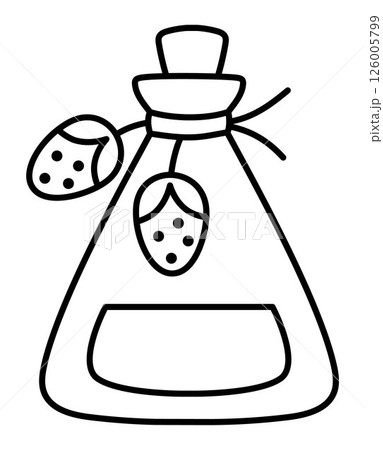 Vector black and white strawberry magic potion icon. Cute glass jar with berry elixir or brew. Woodland princess or witch line clipart. Fantasy forest illustration, coloring page. Magic fairytale 126005799