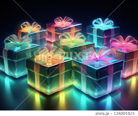 Colorful Glowing Gift Boxes with Neon Ribbons in Futuristic Style, Shiny Wrapped Presents on Dark Background, Bright Light Effects for Holiday, Celebration, Party, or Digital Festive Concepts 126005823