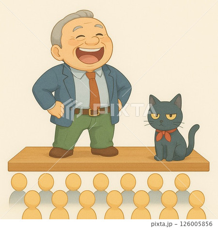 校長先生、絶好調。冷めた目で傍観する飼い猫のチャチャ。学校/集会/校長/先生/ギャグ/挨拶 126005856