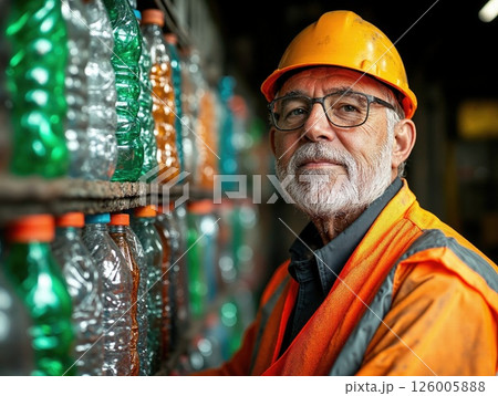 Elderly worker in recycling plant with plastic bottles emphasizing sustainability and environmental consciousness 126005888
