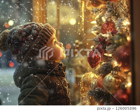 Enchanted winter night: child's wonder at a festive christmas tree displaying sparkling ornaments 126005896