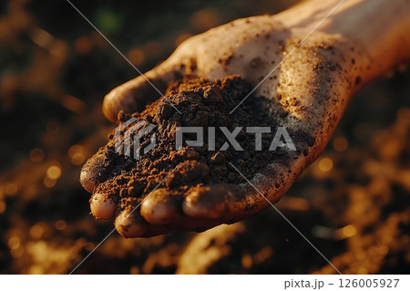 Rich soil in hand: organic farming and sustainability concept for eco-friendly agriculture 126005927