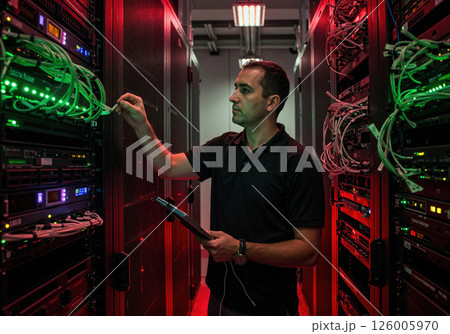 Data center management and network maintenance with professional technician 126005970