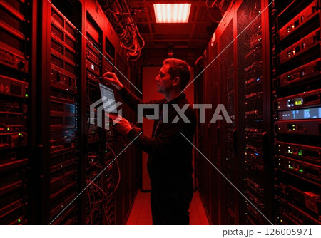 Data center operations and maintenance in futuristic red-lit server room for advanced it solutions 126005971
