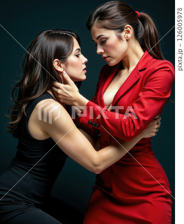 Dynamic encounter of confidence and connection in bold red and black fashion 126005978