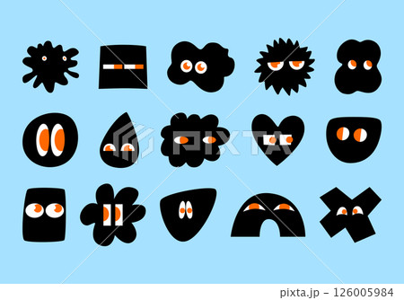 Set of Various black Doodle shapes with face emotions in cartoon style. Different geometric figures. Hand drawn trendy Vector illustration for kids. Cute funny characters, all elements are isolated. 126005984