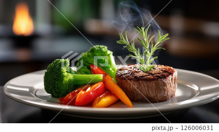 Grilled beef steak with rosemary garnish and steamed vegetables on white plate 126006031