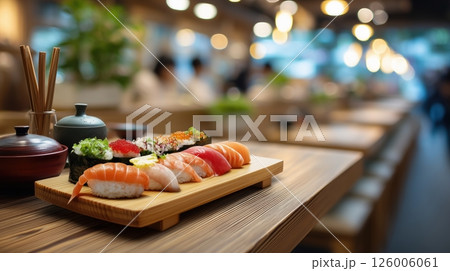 Assorted sushi platter on wooden counter in bright Japanese restaurant setting Assorted sushi platter on wooden counter in bright Japanese restaurant setting 126006061