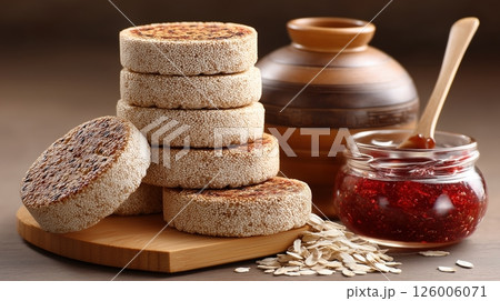 Stack of healthy grain cakes or biscuits with red jam and oats 126006071