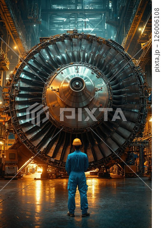Engineering marvel: massive turbine installation in industrial factory setting with dramatic lighting 126006108