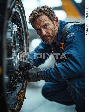 Focused aircraft mechanic in blue overalls repairing jet engine in industrial hangar 126006109