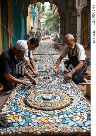 Intricate mosaic artwork creation in traditional workshop capturing cultural heritage 126006145