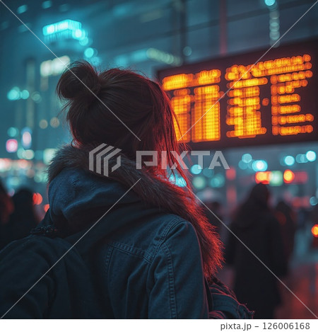 Urban night journey: woman at train station with glowing departure board in vibrant cityscape Urban night journey: woman at train station with glowing departure board in vibrant cityscape 126006168