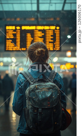 Urban travel adventure: woman at busy train station with backpack and departure board 126006170