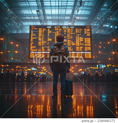 Urban traveler in modern train station with departure board and ambient lighting 126006171