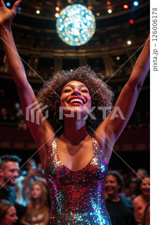Vibrant nightlife celebration with joyful woman in sparkling dress under disco ball 126006178