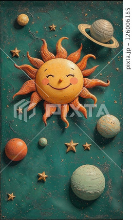 Whimsical celestial wall art featuring smiling sun and planets on textured teal background 126006185