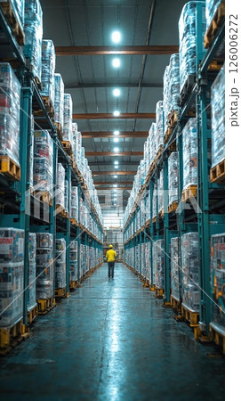 Efficient warehouse logistics in large-scale distribution center with worker managing inventory 126006272