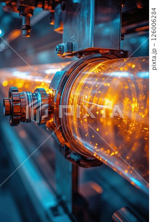 Futuristic industrial machinery with glowing cylindrical component for advanced manufacturing processes 126006284