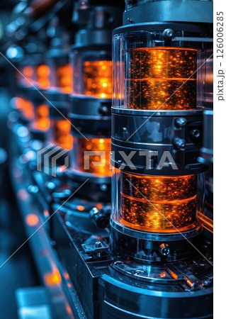 Futuristic industrial machinery with illuminated coils in vibrant metallic setting for technological innovation and advancement 126006285