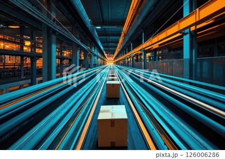 Futuristic industrial warehouse with automated conveyor systems and vibrant lighting 126006286