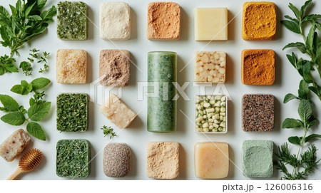 Natural herbal soap bars display with ingredients - eco-friendly bath essentials for sustainable skincare 126006316