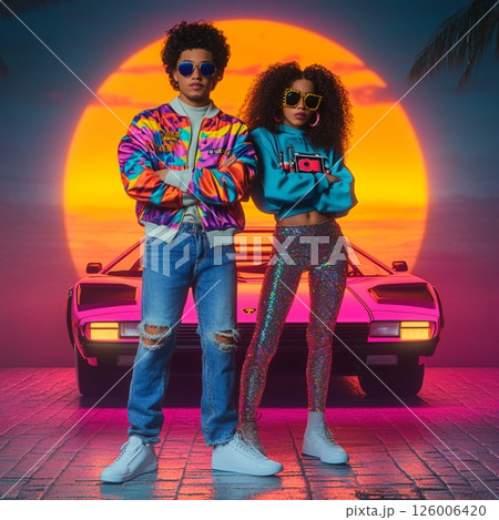 Stylish Retro 80 Couple in Front of Neon Car and Sunset  AI Generated 126006420
