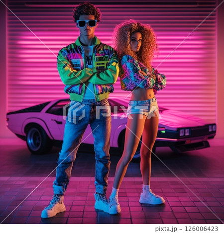 Stylish Retro 80 Couple in Front of Neon Car and Sunset  AI Generated 126006423