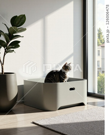 Minimalist urban cat retreat in sunlit modern living room Minimalist urban cat retreat in sunlit modern living room 126006478