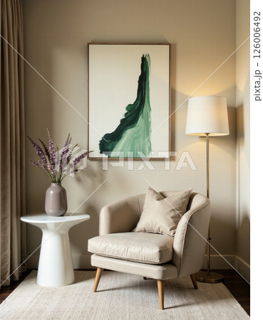 Modern minimalist interior design with neutral tones and abstract green art 126006492