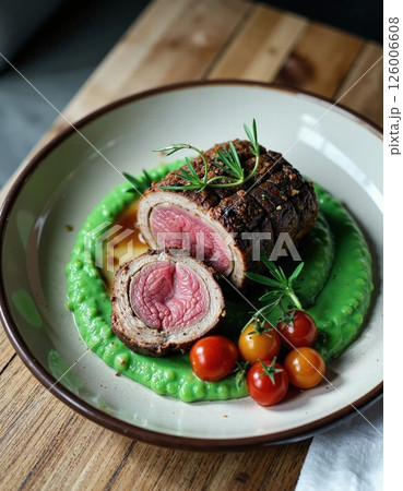 Gourmet herb-crusted beef tenderloin with pea puree and cherry tomatoes on rustic plate 126006608