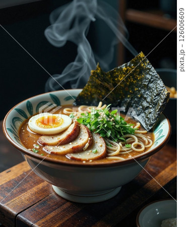 Gourmet japanese ramen bowl with steaming broth and fresh toppings perfect for culinary art design projects 126006609