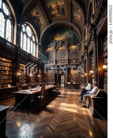 Majestic historical library interior with grand arched ceilings and elegant wooden bookshelves for timeless inspiration and study 126006622