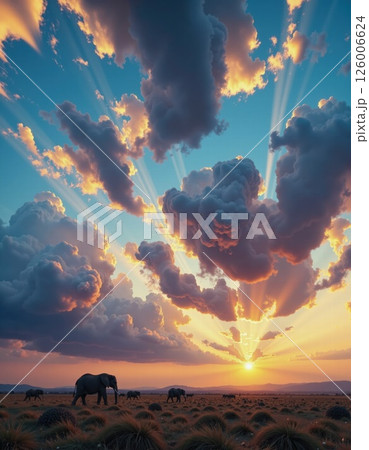Majestic savannah sunset with elephant herd and dramatic clouds capturing nature's tranquility 126006624