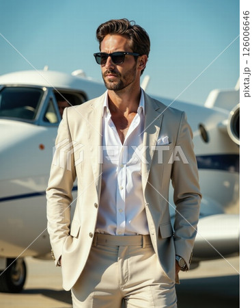 Sophisticated jetsetter elegance in beige suit with private plane background Sophisticated jetsetter elegance in beige suit with private plane background 126006646