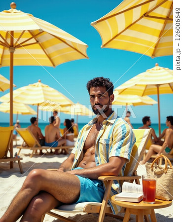 Summer beach relaxation with stylish umbrellas and refreshing drink 126006649