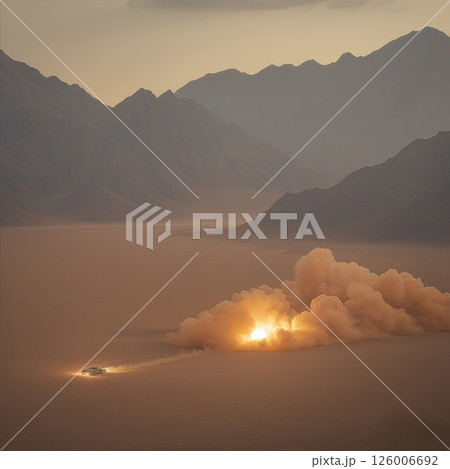 Military vehicle launching missile in desert during military tests 126006692