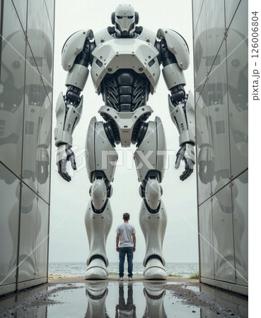 Futuristic encounter by the sea: giant robot towering over human on beach with reflective architecture Futuristic encounter by the sea: giant robot towering over human on beach with reflective architecture 126006804