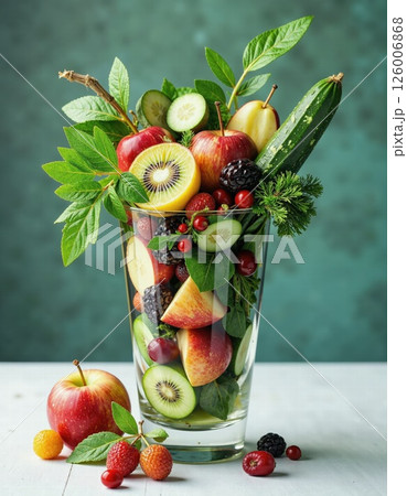 Vibrant fresh fruit and vegetable arrangement in glass vase modern healthy lifestyle concept 126006868