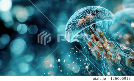 Ethereal jellyfish gracefully gliding through vibrant blue waters, surrounded by shimmering bubbles and soft light, showcasing the beauty of marine life Ethereal jellyfish gracefully gliding through vibrant blue waters, surrounded by shimmering bubbles and soft light, showcasing the beauty of marine life 126006918