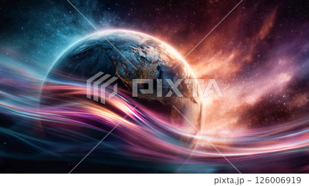 Stunning cosmic landscape featuring Earth surrounded by vibrant swirling colors and light trails, illustrating the beauty of the universe and its mysteries 126006919