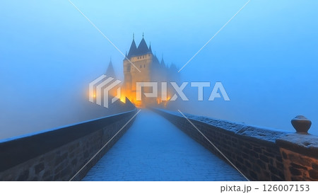 A fairytale castle shrouded in mist, a mysterious path leads to its entrance on a cold winter's morning 126007153