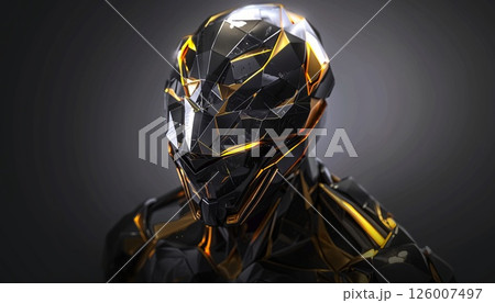 Robotic black and yellow suit against a dark backdrop Robotic black and yellow suit against a dark backdrop 126007497