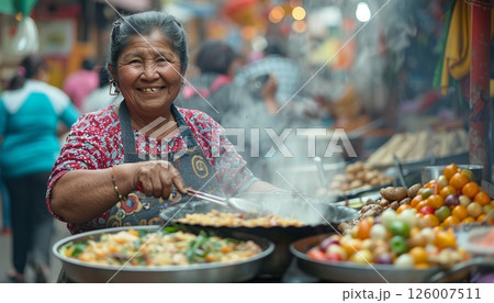 A smiling woman selling food at a lively marketplace 126007511