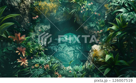 A concealed underwater cave entrance surrounded by lush plants 126007519