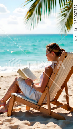 Relaxed woman enjoying a serene moment on the beach, sitting on a lounge chair reading a book. Gentle waves and palm leaves create a peaceful tropical ambiance Relaxed woman enjoying a serene moment on the beach, sitting on a lounge chair reading a book. Gentle waves and palm leaves create a peaceful tropical ambiance 126007557