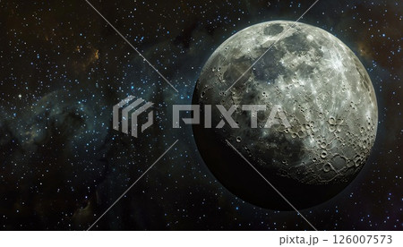 A full moon shining in the night sky with a backdrop of breathtaking galaxies 126007573